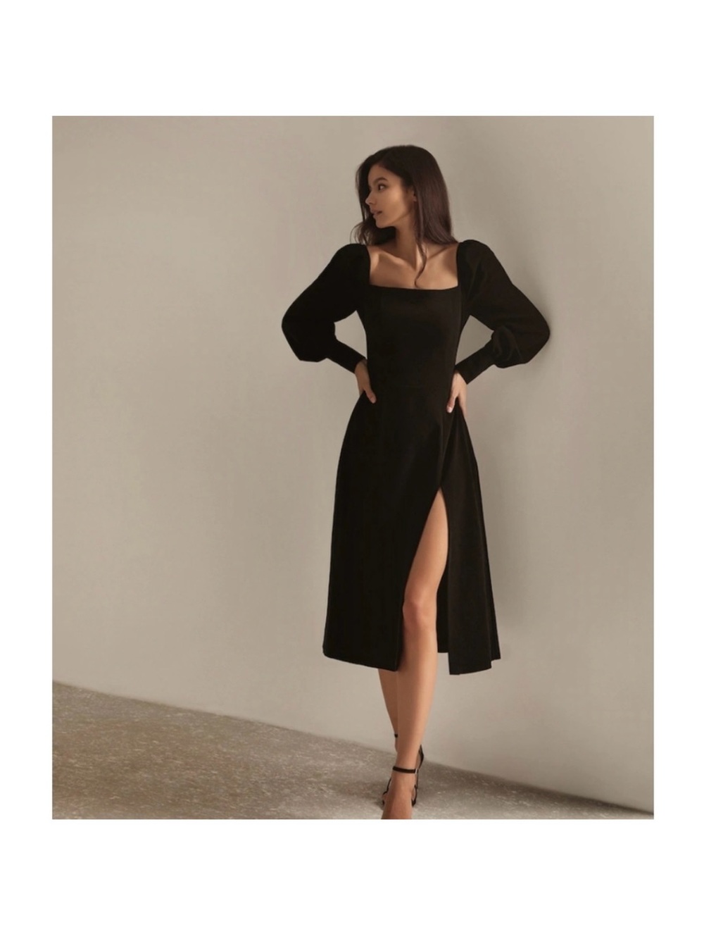 Square-Neck Black Midi Dress with Puff Sleeves and Side Slit